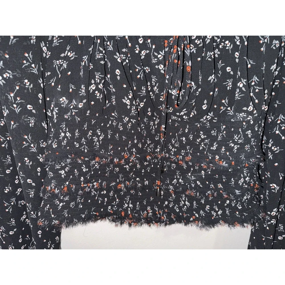 Free‎ People Lolita Floral Smocked Blouse L Black Cottage Peasant Top Semi Sheer